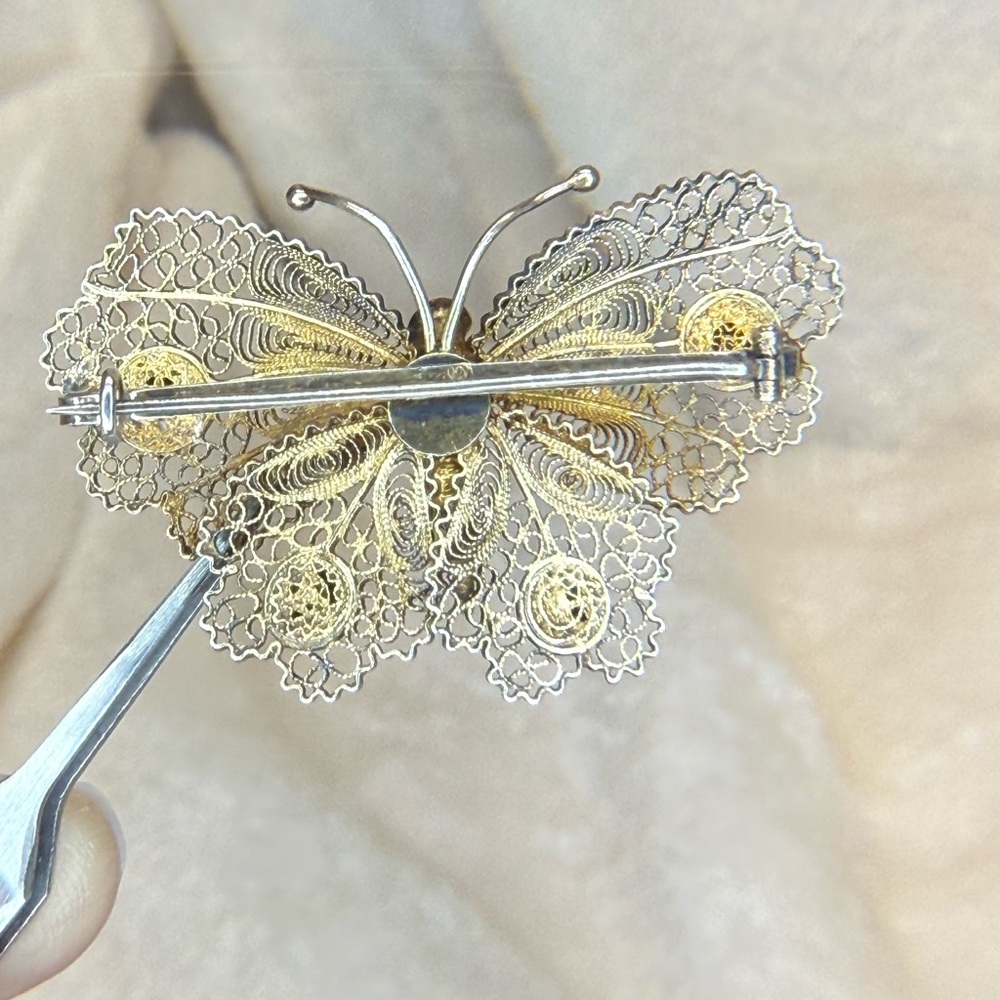 Antique Signed Sterling Silver 800 Filigree Butterfly Coral/Carnelian Brooch EUC - Picture 15 of 16